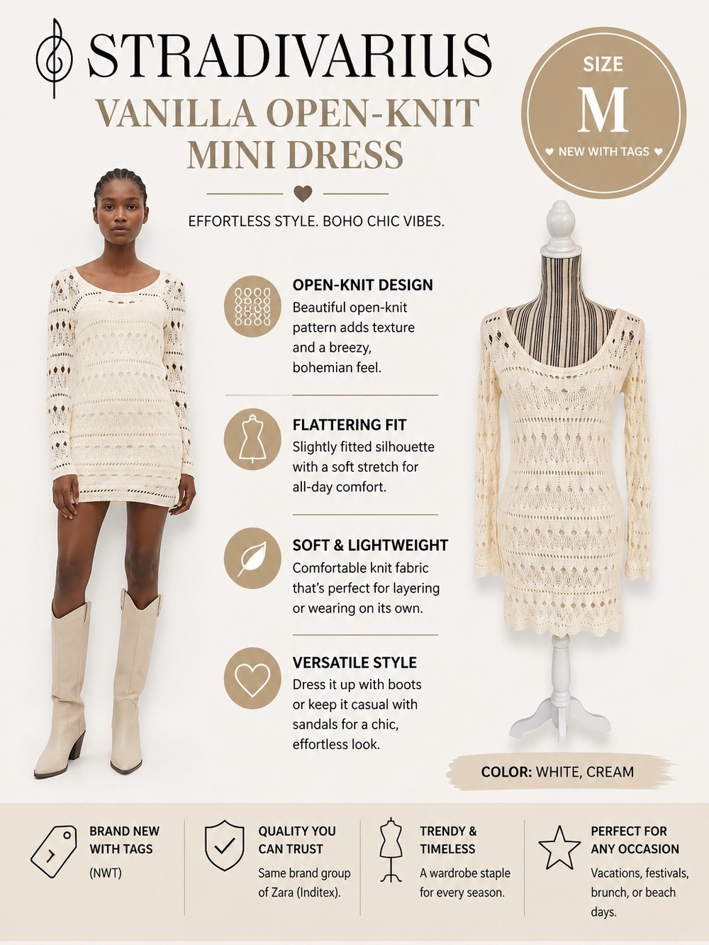 Stradivarius Vanilla Open Knit Mini Dress Size M NWT Long Sleeve Boho Crochet